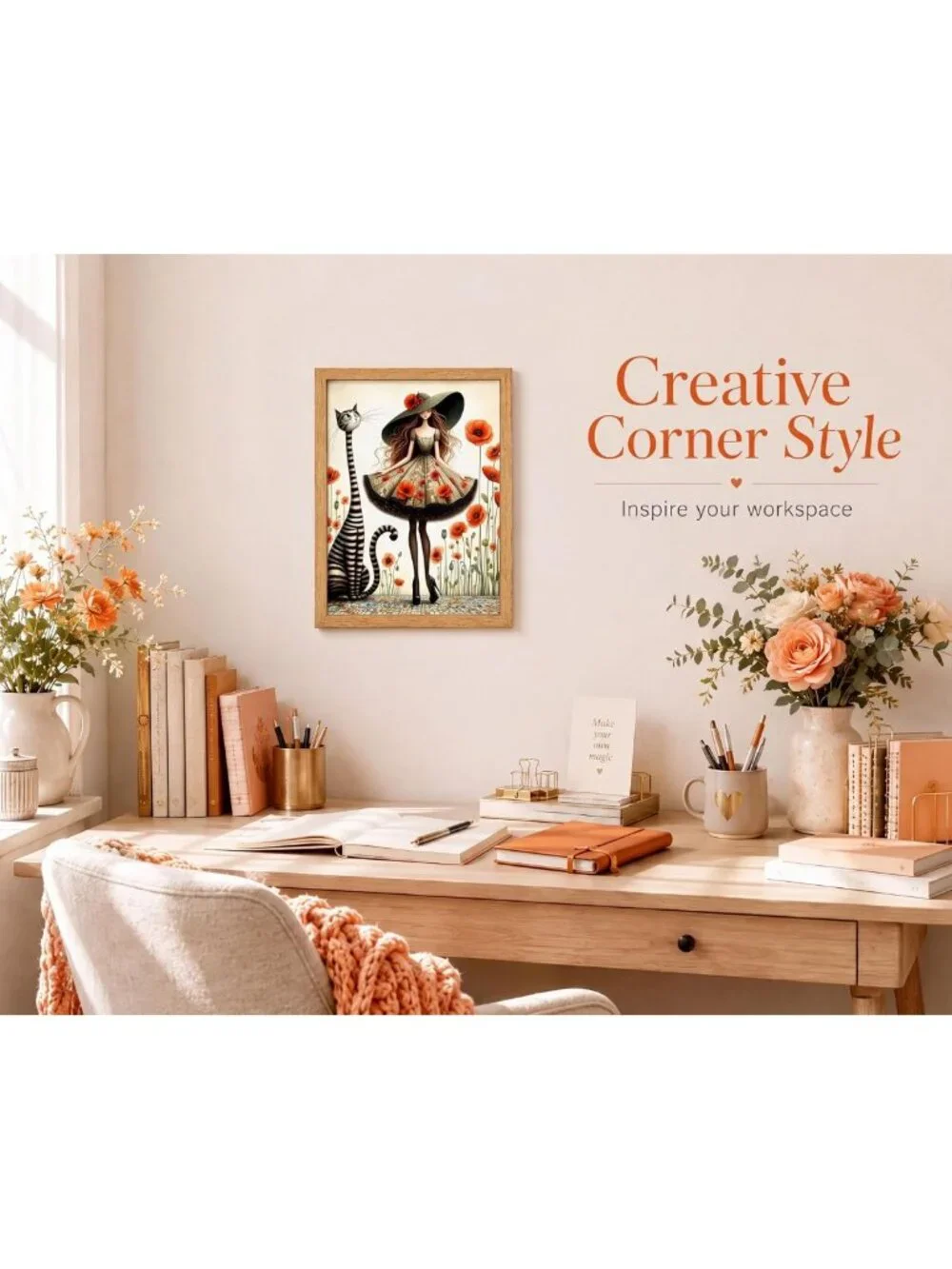 Whimsical Girl & Cat Canvas Wall Art - Brown Solid Wood Frame, 12x16in Decor
